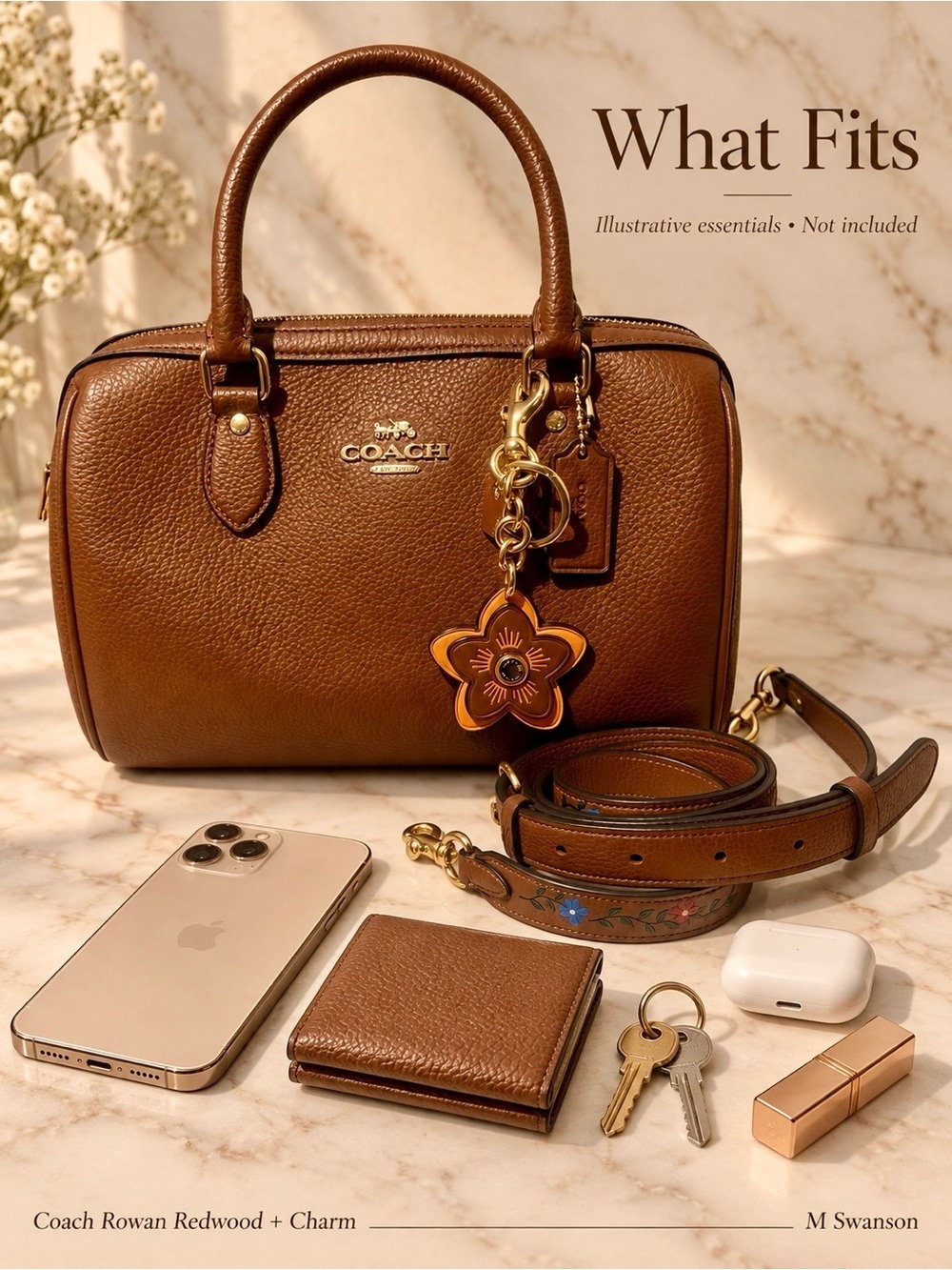 Coach Rowan Redwood Satchel CT841 Floral Strap + Leather Flower Charm Set NWOT - Picture 8 of 9
